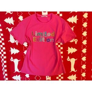 Over Apparel Pink Limited Edition Rhinestone Graphic T-Shirt Women M Fuchsia